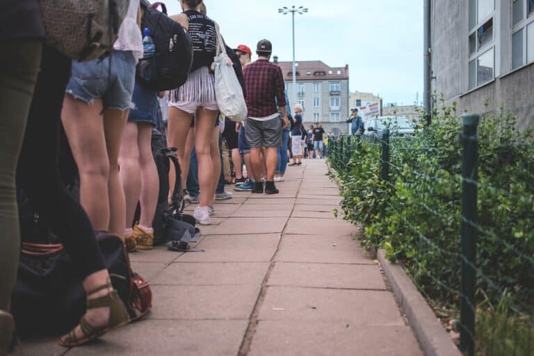 people, city, crowd, group, line, long, patience, queue, stand, standing, street, wait, waiting, queue, queue, queue, queue, queue